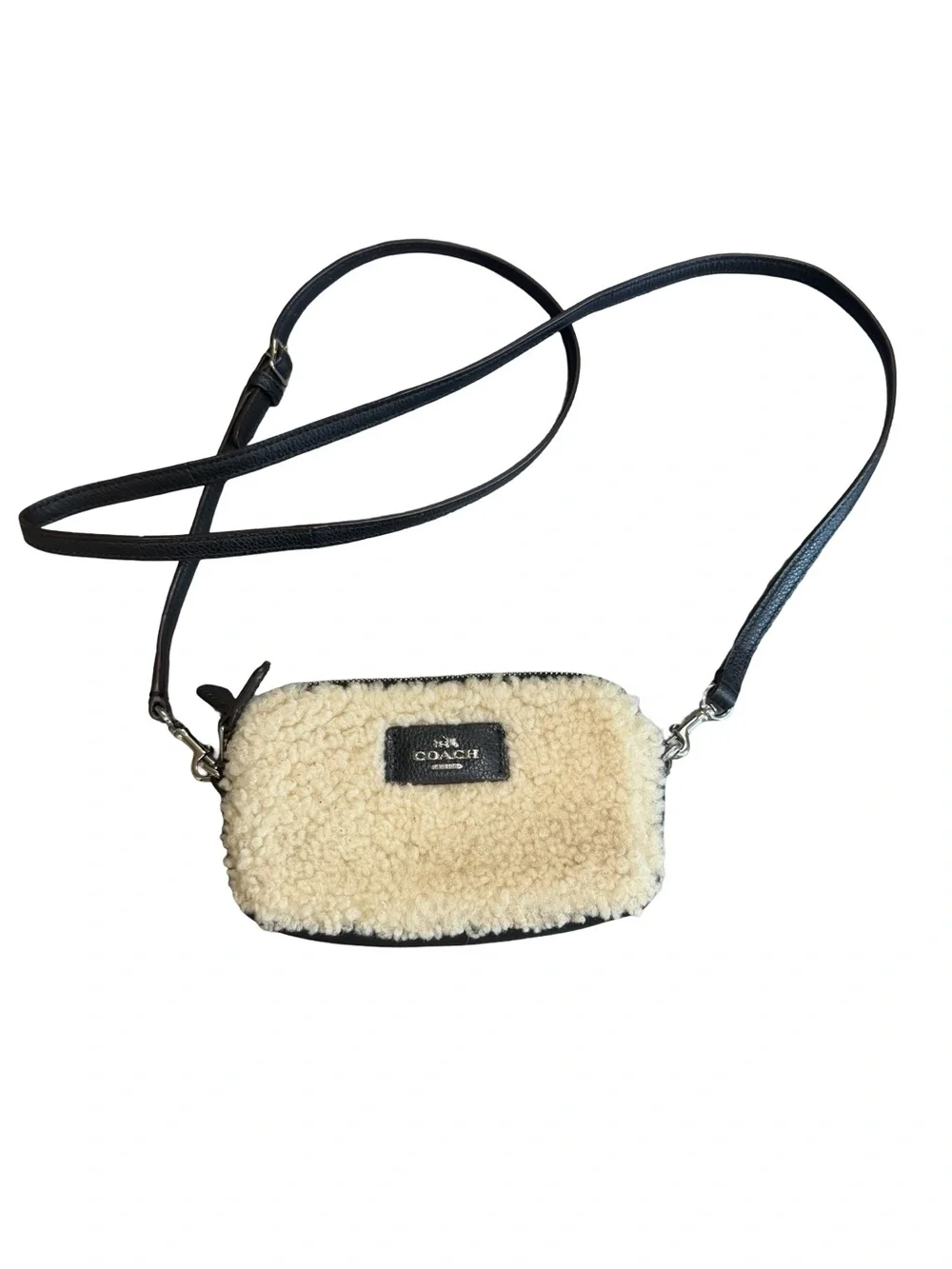 COACH Cream Shearling crossbody with Black Leather Strap